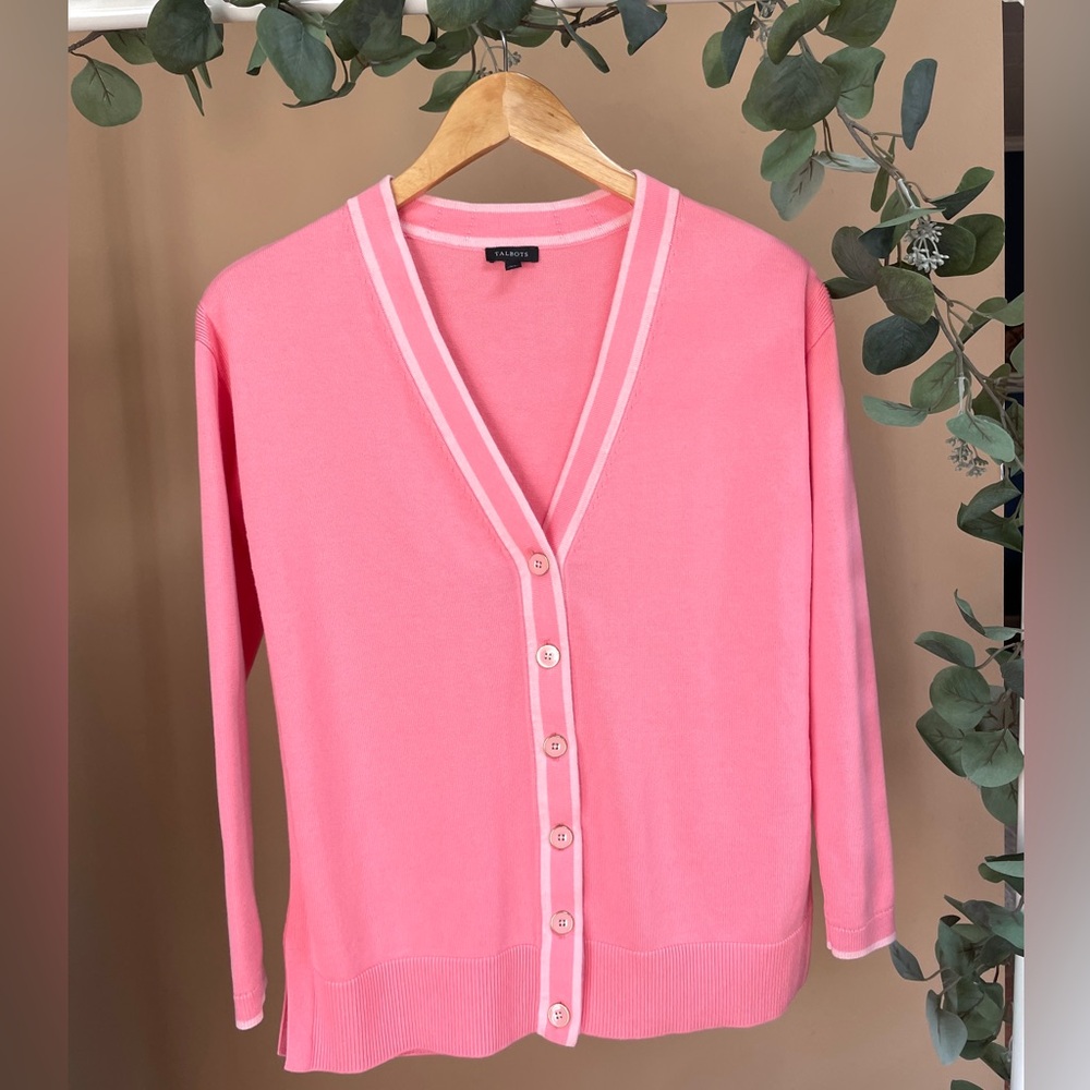 Talbots womens cardigan sweater pink XS preppy V neck buttons academia old money